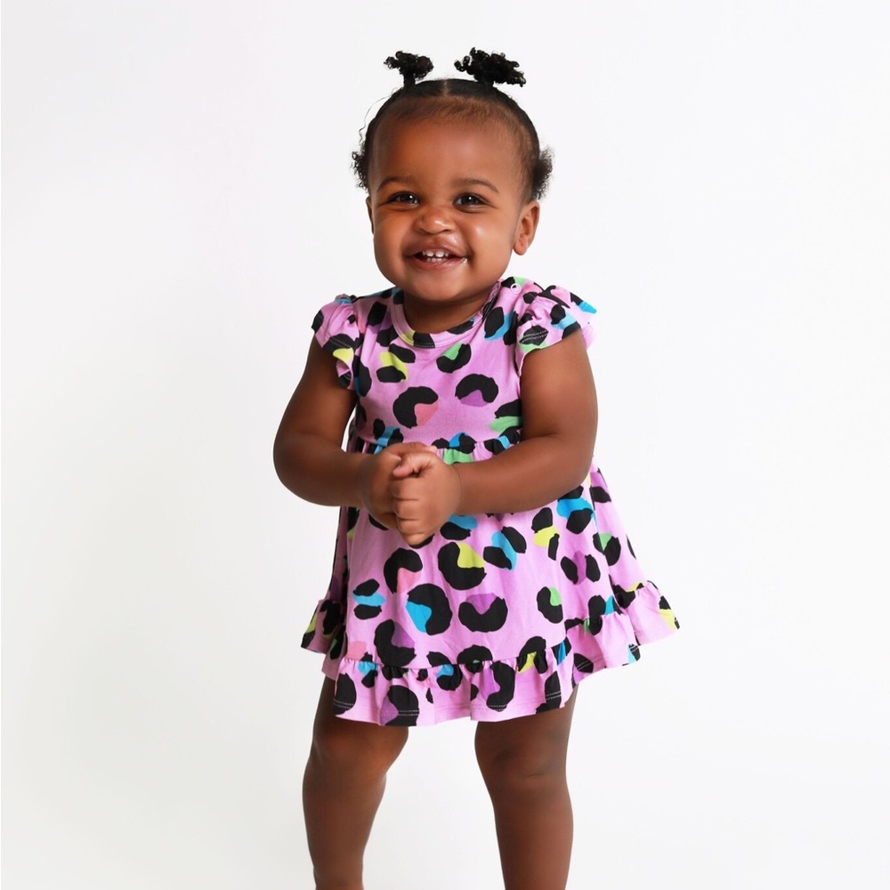 NWT Posh Peanut Electric Leopard Ruffle Bodysuit Dress 6-12M Purple - Picture 3 of 8